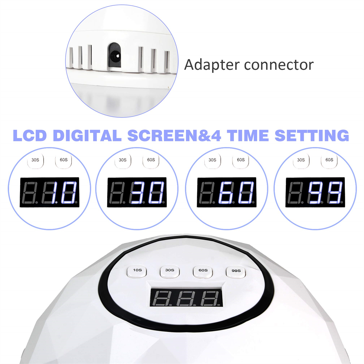 Eine weiße Nagellampe mit digitaler Anzeige für Zeiteinstellungen. Sie hat einen Adapteranschluss oben.