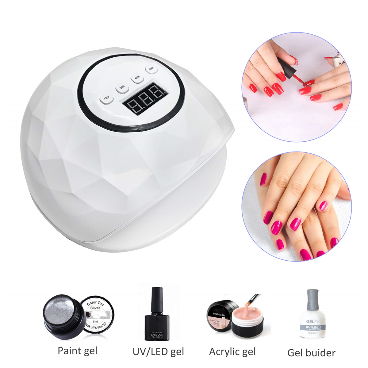Eine weiße Nagelhärtungsmaschine mit digitaler Anzeige und mehrere Nailart-Produkte und lackierte Nägel.