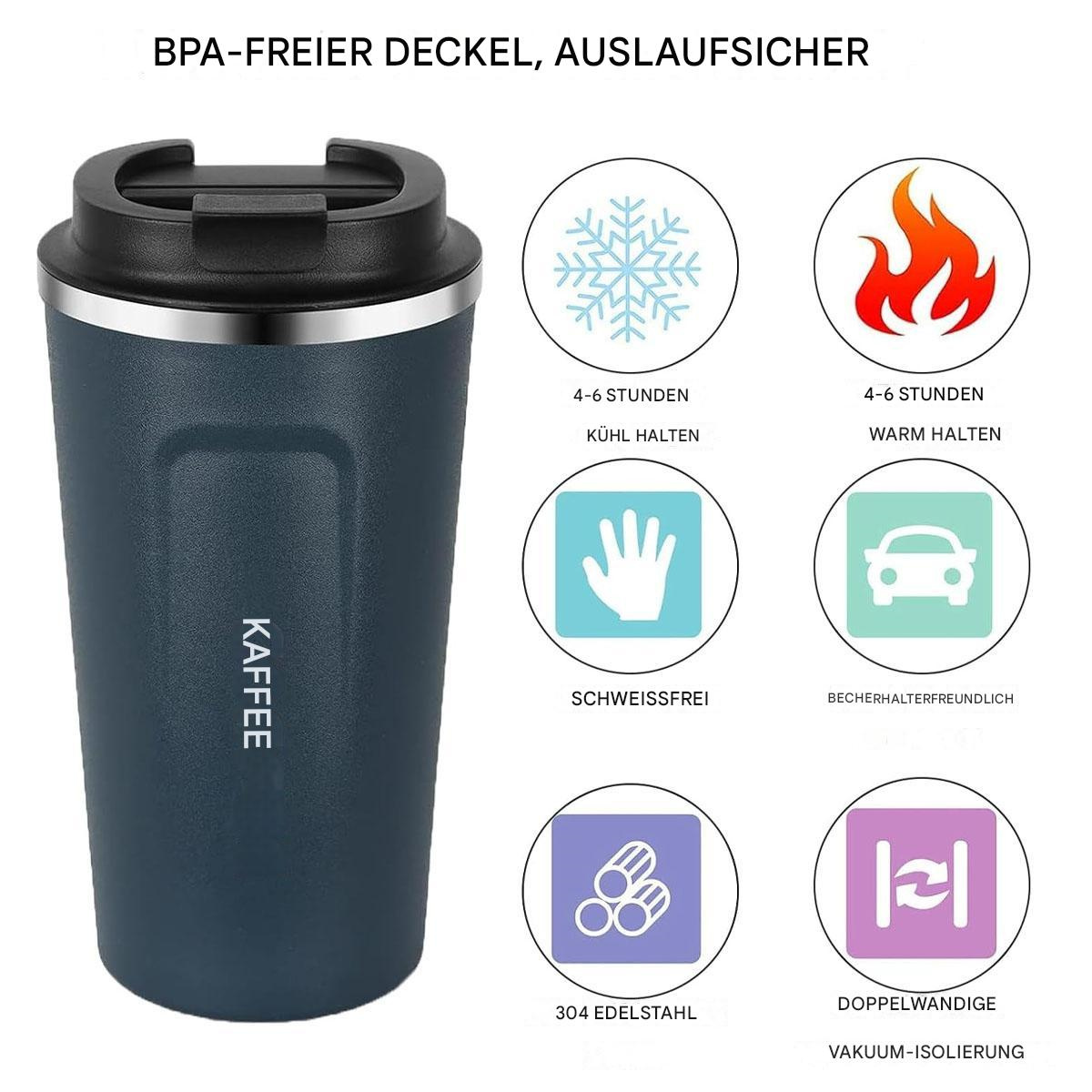 Ein dunkelblauer Reisebecher mit schwarzem Deckel und Text, umgeben von Symbolen.