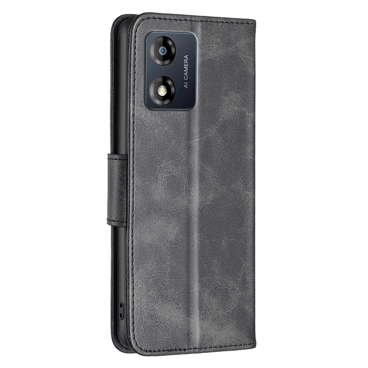 Étui de téléphone gris ouvert affichant un téléphone. Il comporte des fentes pour cartes et une couverture. Le téléphone possède une caméra.