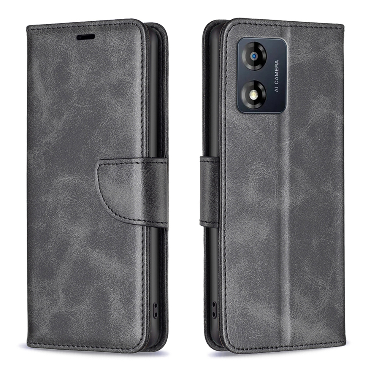 Un étui de téléphone gris est montré ouvert et fermé. Le côté ouvert montre un téléphone et la caméra arrière.
