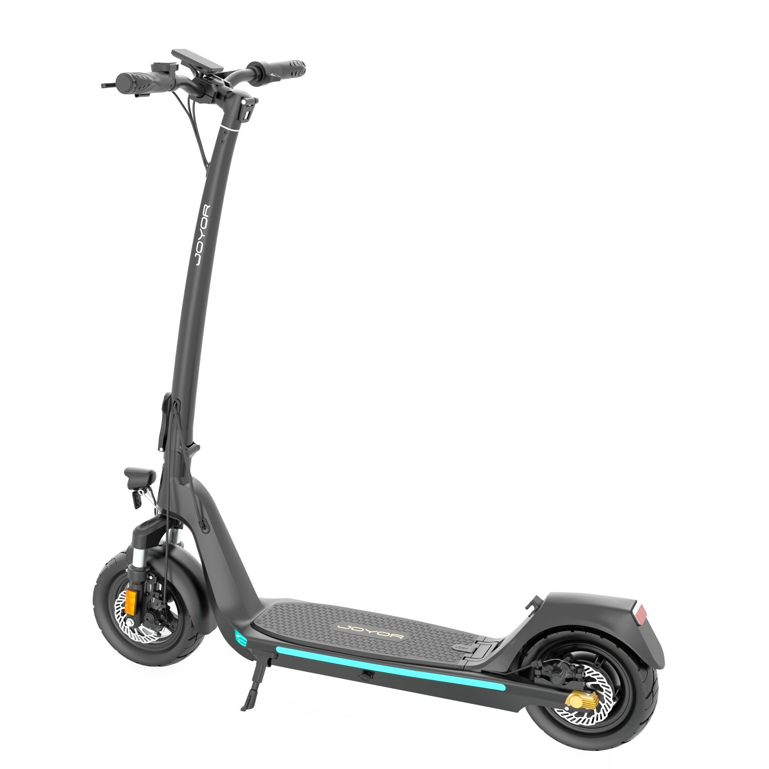 Schwarzer Elektroroller. Weißer Hintergrund. Roller ist nach rechts abgewinkelt. JOYOR-Logo auf dem Schaft.