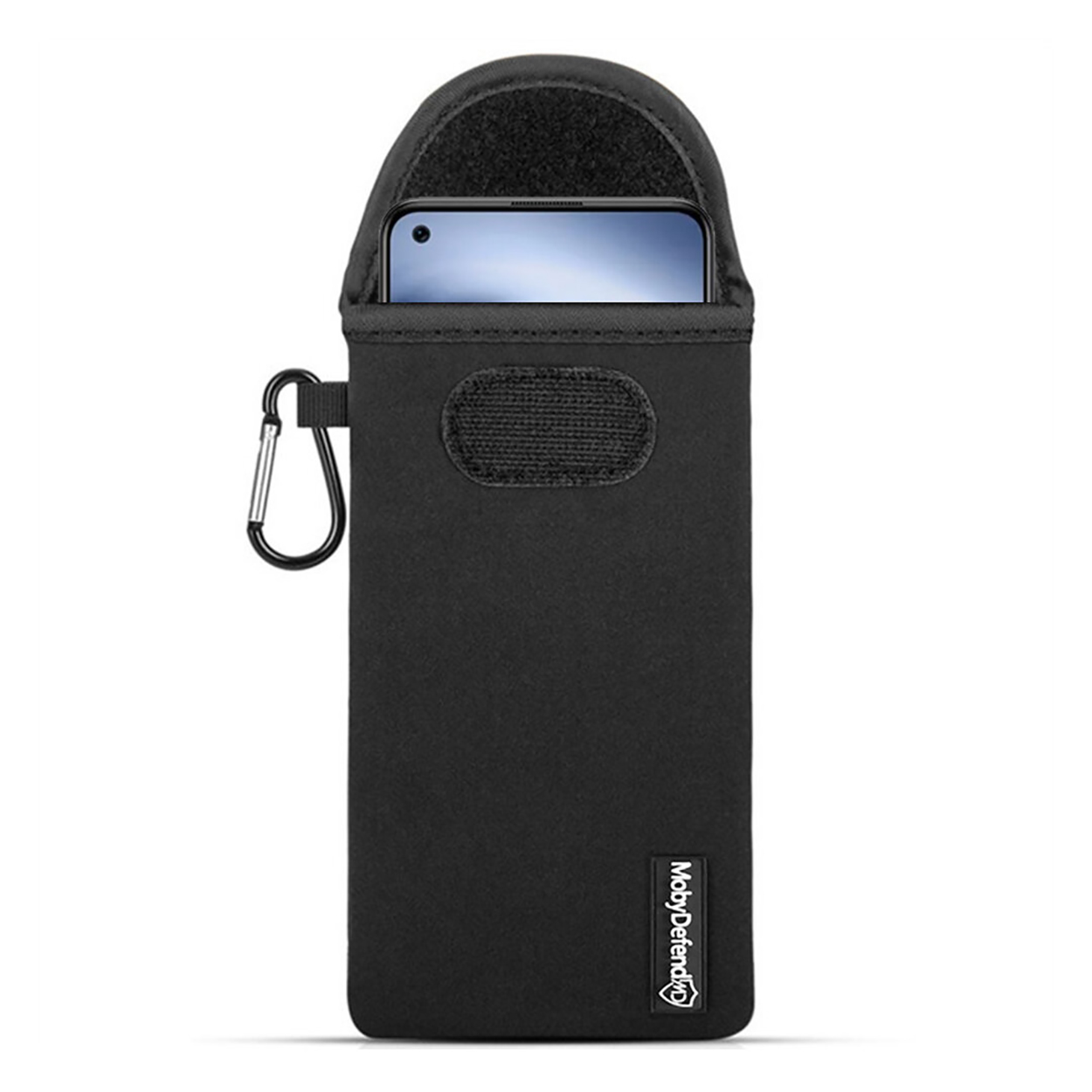 Zwarte telefoonhoes met karabijnhaak. Een telefoon is gedeeltelijk zichtbaar.