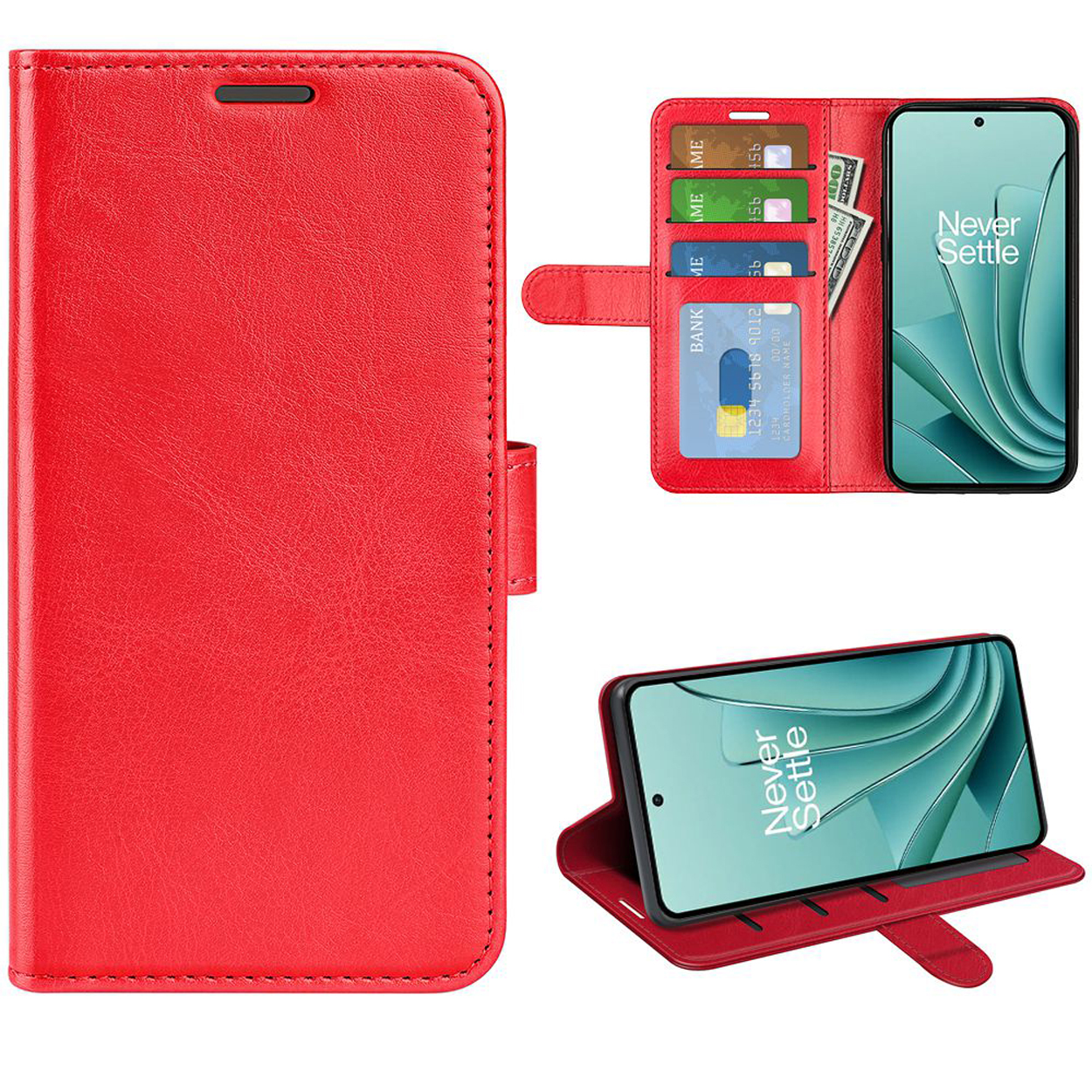 Rode leren telefoonhoes, open met kaarten en telefoon. Een telefoon wordt rechts weergegeven.