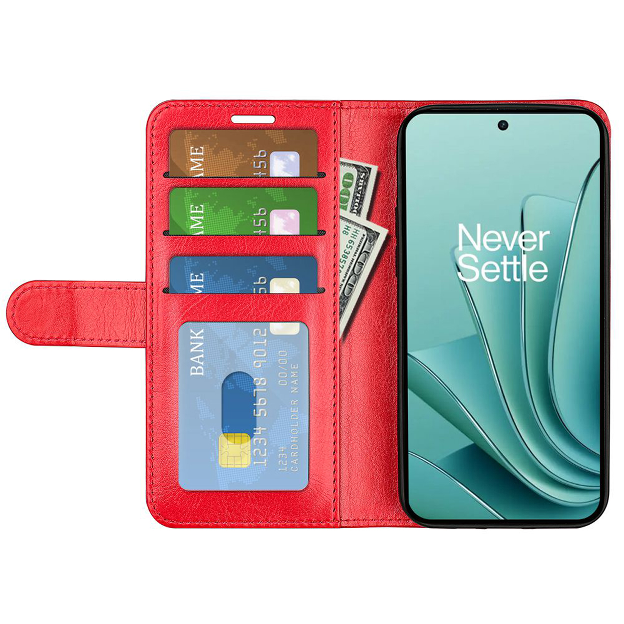 Rode telefoonportemonneehoes open. Telefoon in de hoes toont een groen patroon. Creditcards en contant geld zijn zichtbaar.