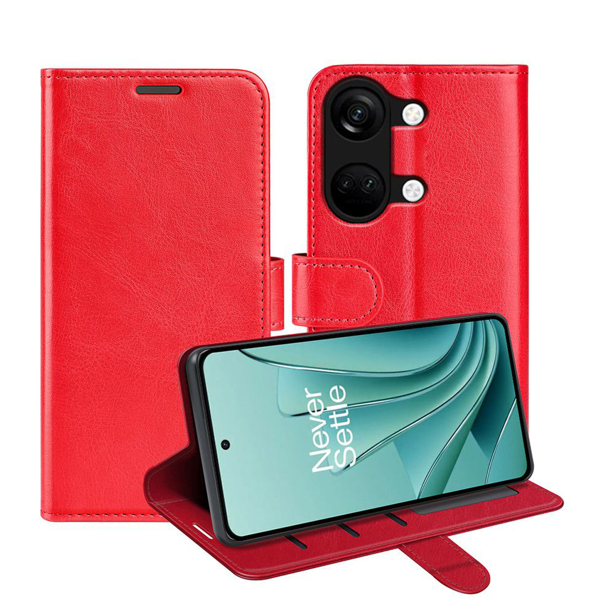 Rode telefoonhoes in verschillende posities, met een telefoon met de woorden 'Never Settle'.