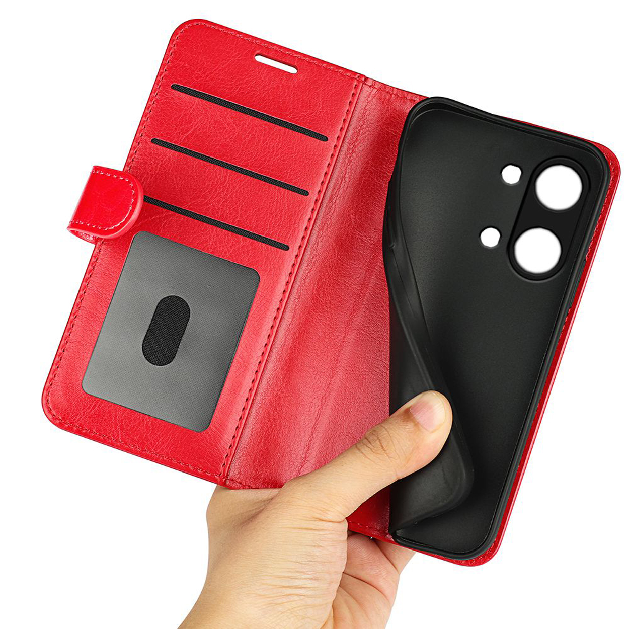 Hand houdt rode telefoonhoes vast, open. Drie kaartsleuven links, de telefoon is verwijderd.