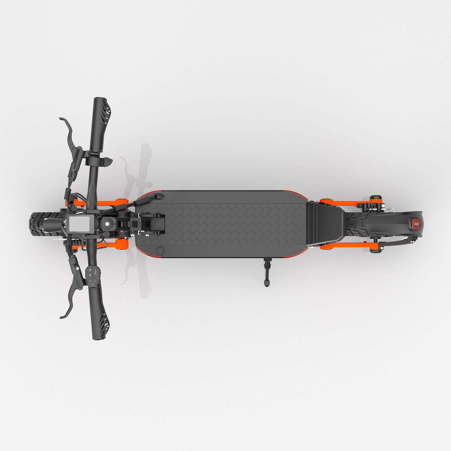 Draufsicht auf einen Elektroroller. Schwarzer Körper und orangefarbene Rahmendetails sind sichtbar.
