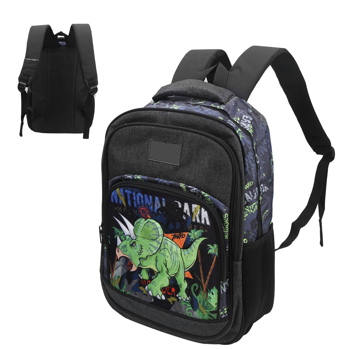 Rucksack mit Dinosaurier-Design. Grau und Schwarz. Vorder- und Rückansicht sind dargestellt.