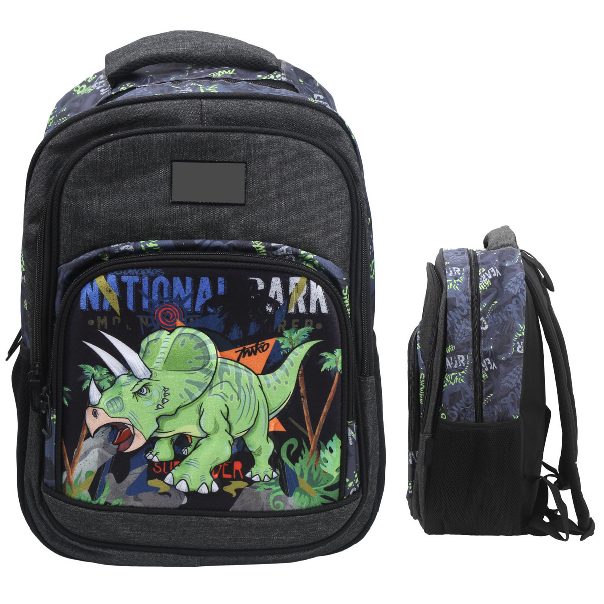 Ein Rucksack im Dino-Thema mit Triceratops-Design und mehreren Fächern. Zusätzliche Ansicht von der Seite.