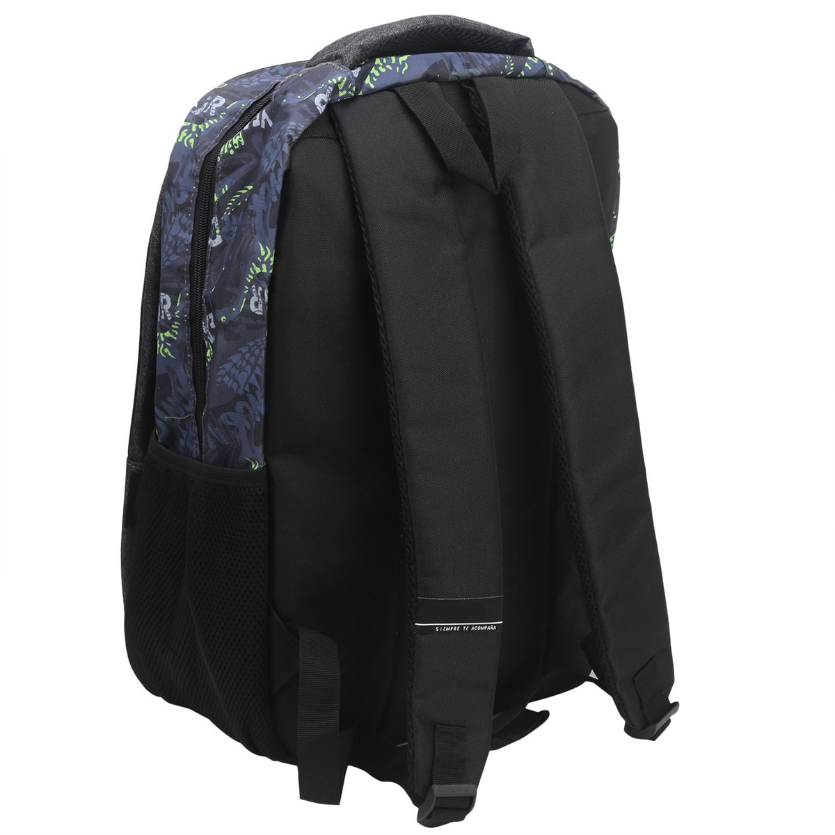 Rucksack mit dunkelblauem und grünem Muster, schwarzen Trägern und einem Rücken mit Reflexstreifen.