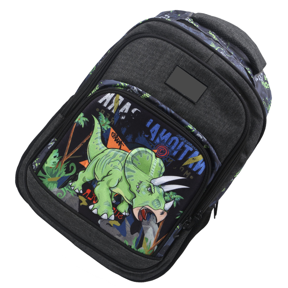 Ein grauer Rucksack mit einem Dinosaurier-Design auf der Vordertasche.