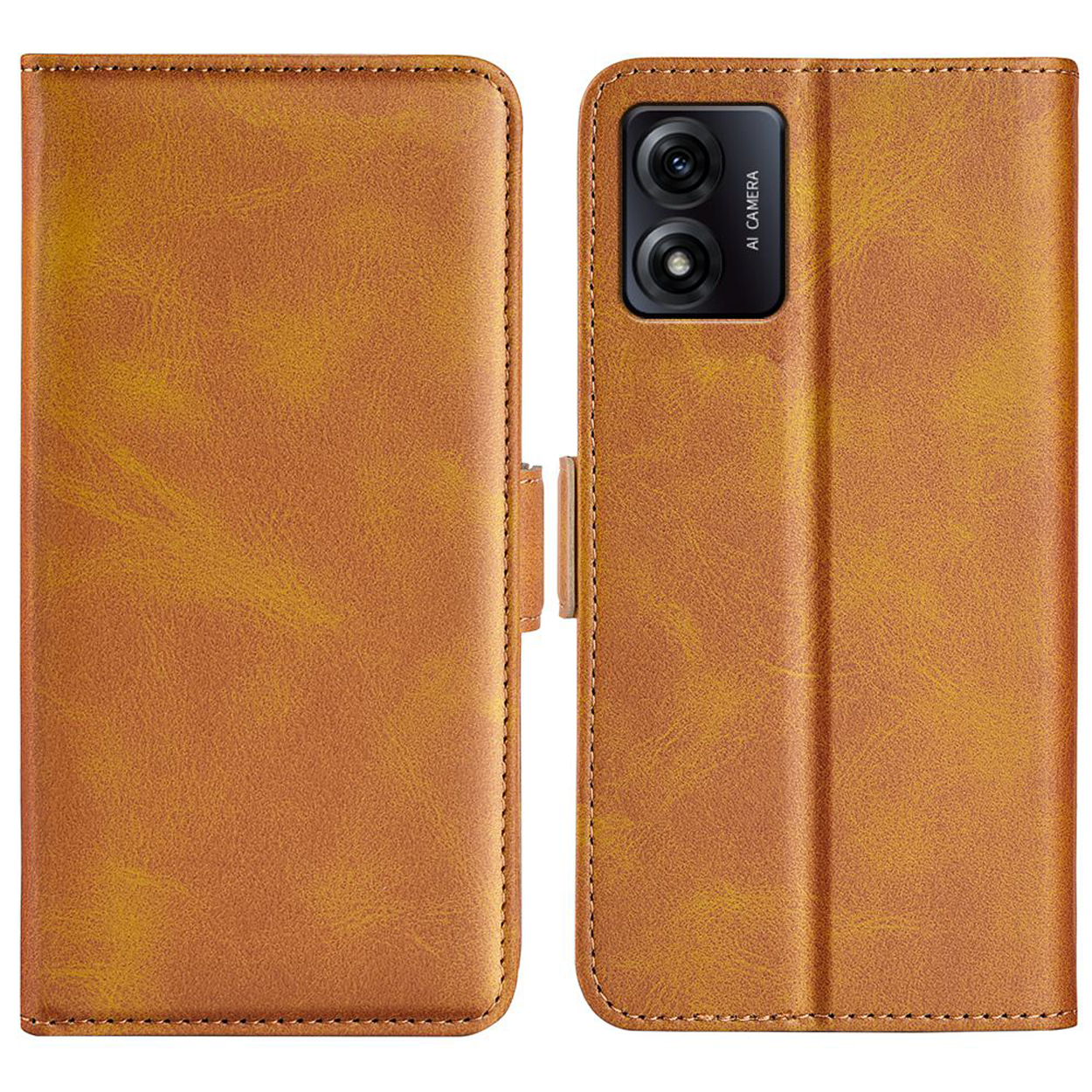 Étui de téléphone en cuir marron, fermé et ouvert, avec détails de couture. Le téléphone est à droite.
