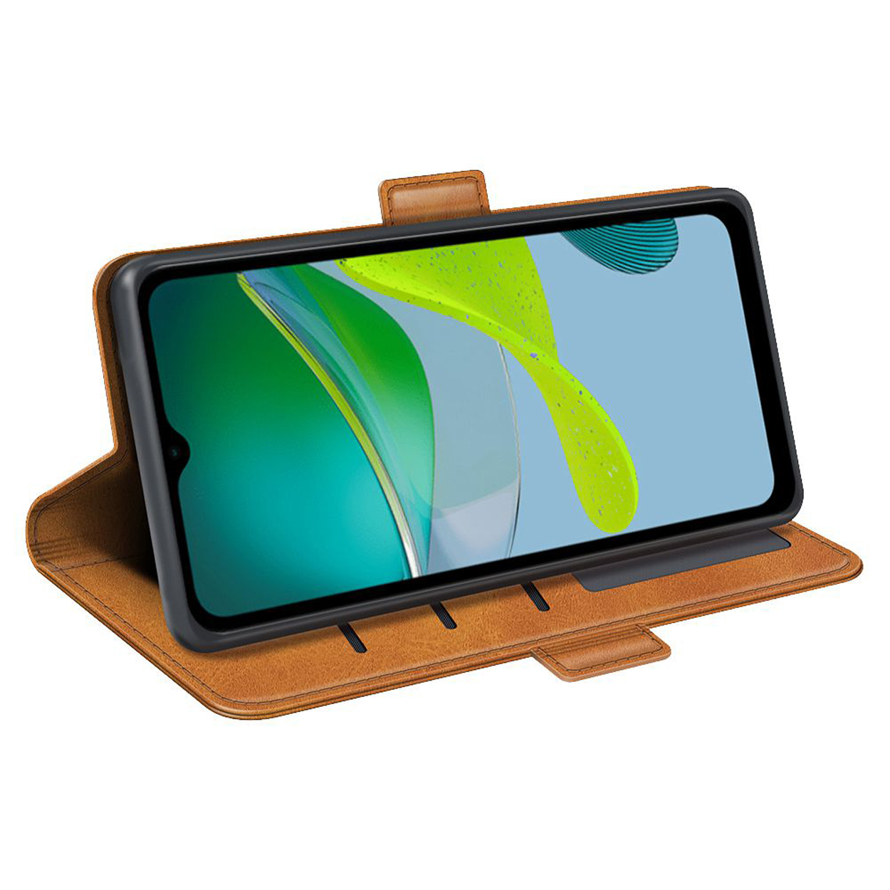 Un étui de téléphone marron est ouvert avec un téléphone à l'intérieur. L'écran affiche une image abstraite verte et bleue.