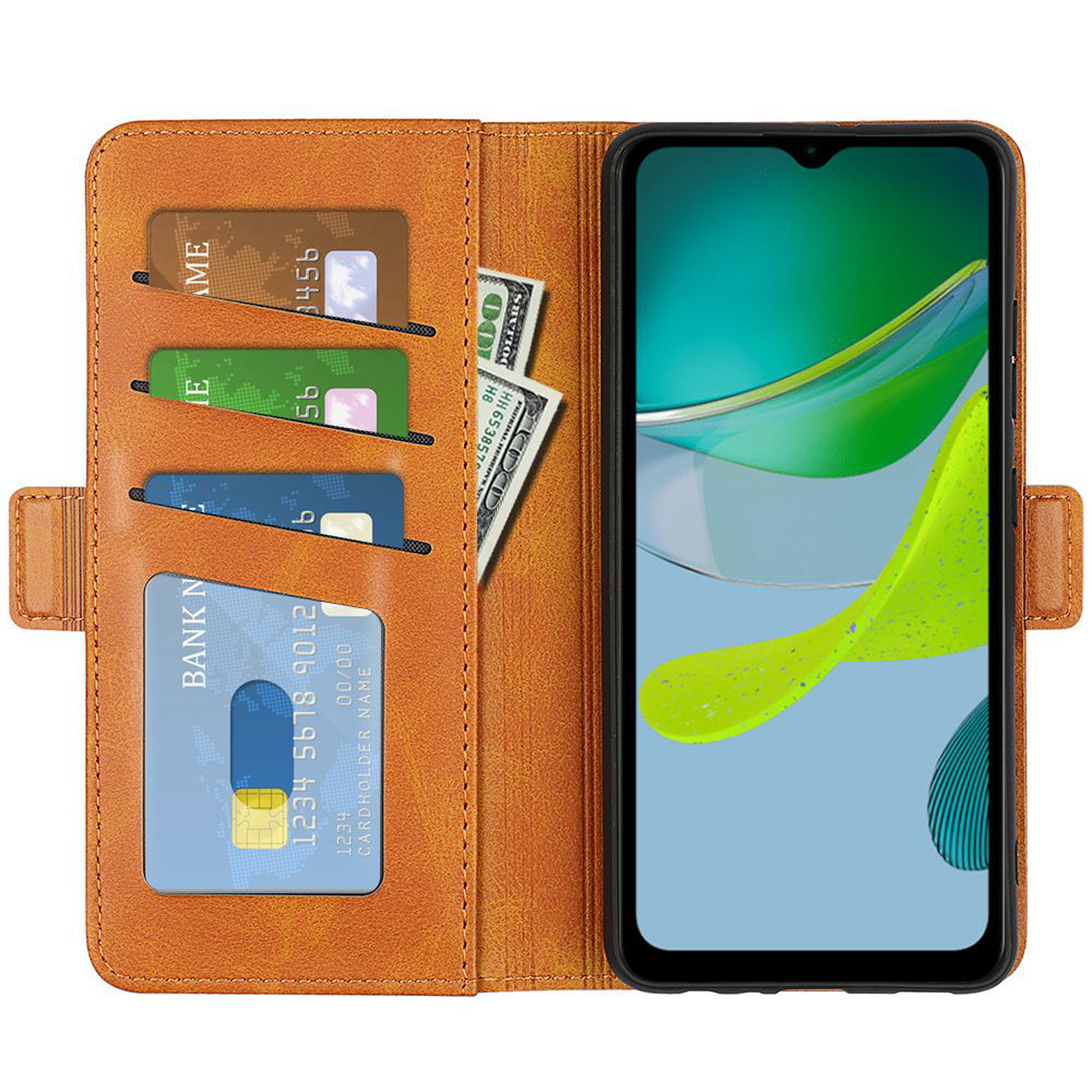 Étui de téléphone marron ouvert avec cartes, argent et écran.