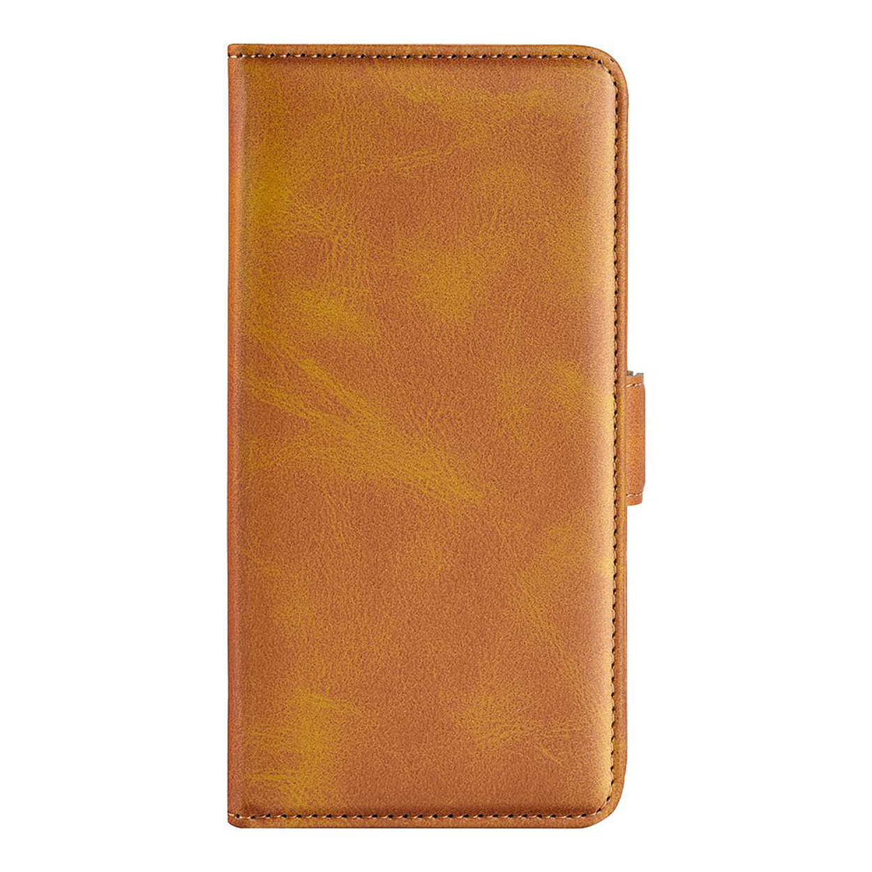 Étui de téléphone en cuir marron, fermé, sur fond blanc avec bord cousu.