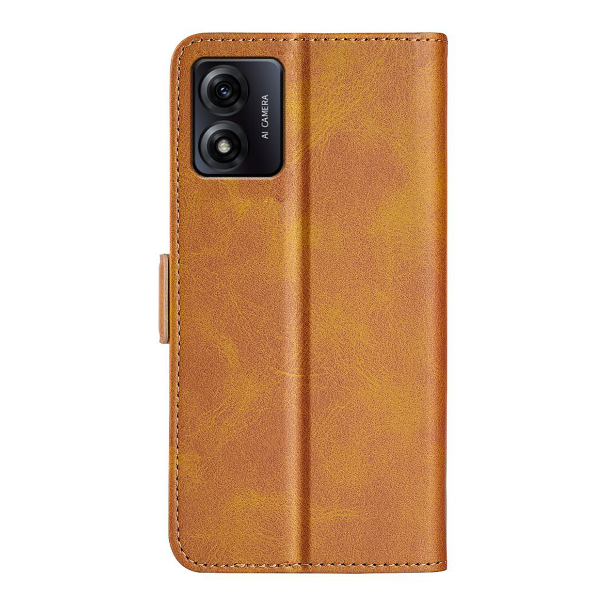 Étui de téléphone marron fermé, présenté de face avec une caméra IA. L'arrière est visible.