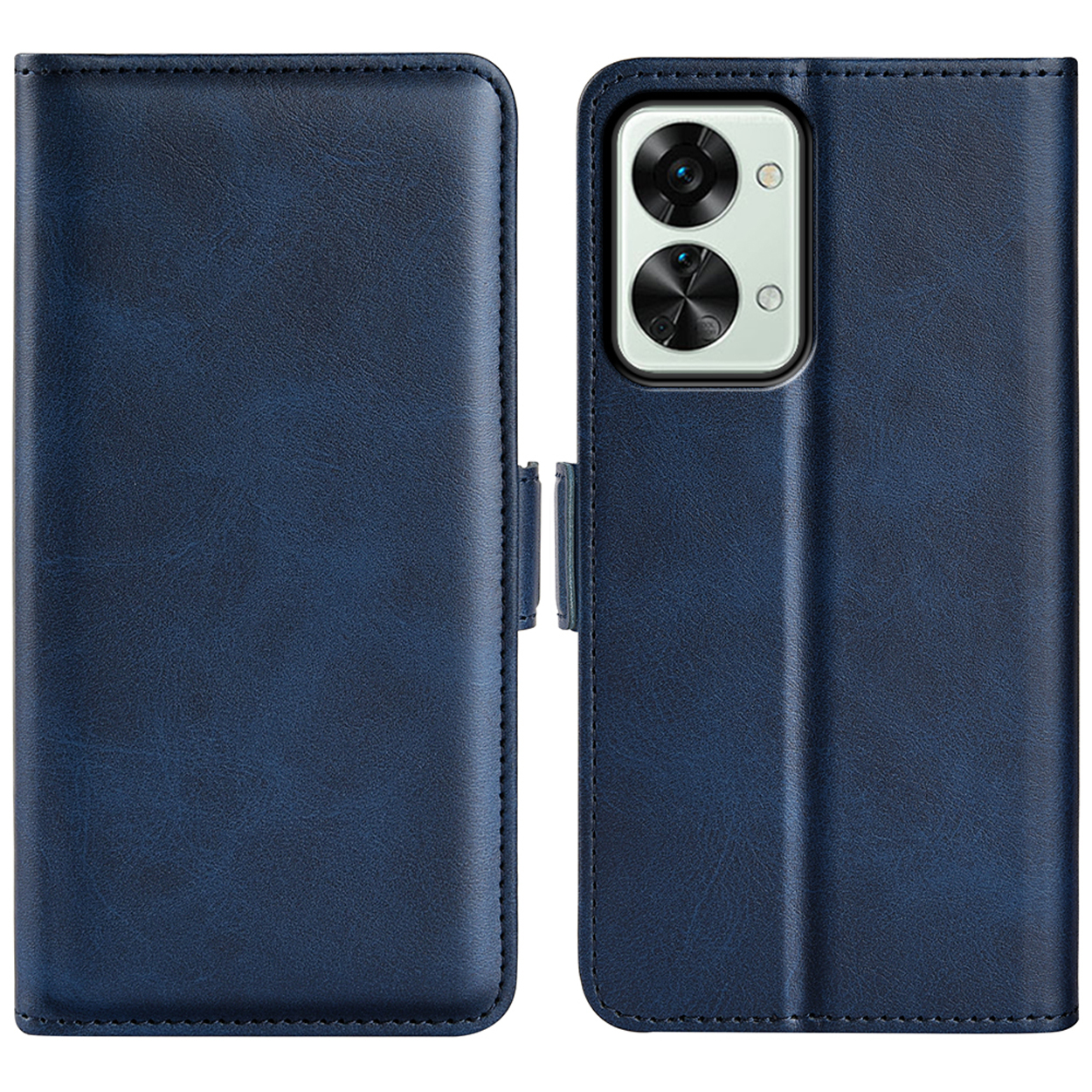 Étui de téléphone bleu ouvert avec téléphone. L'étui a une fermeture magnétique. Le téléphone est à l'intérieur.