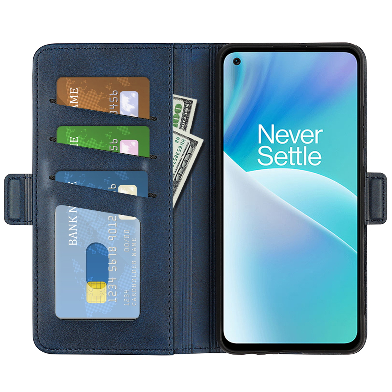 Étui de téléphone bleu ouvert. L'étui contient des cartes et de l'argent. Le téléphone est affiché.