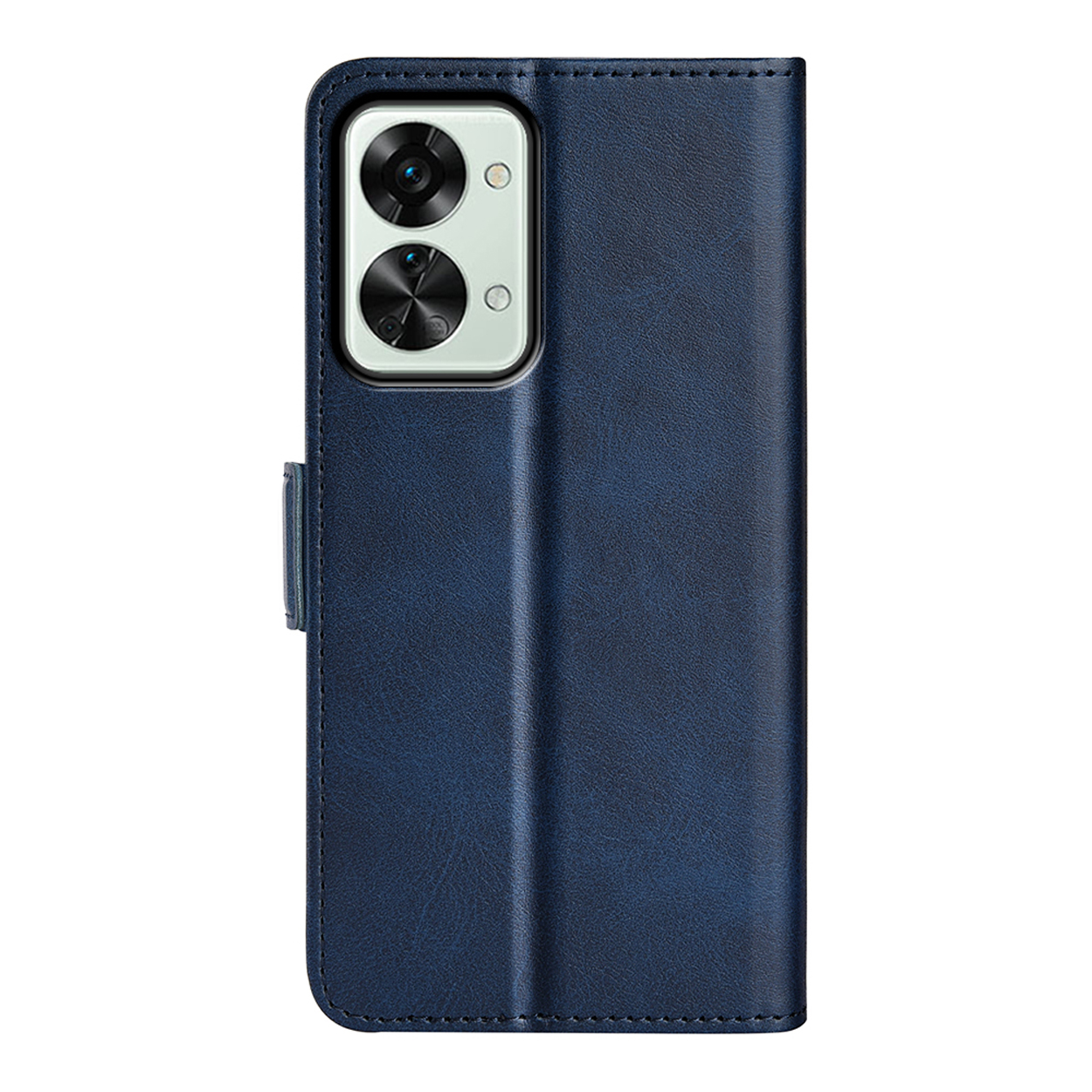 Étui de téléphone en cuir bleu marine avec téléphone à l'intérieur, fermé.