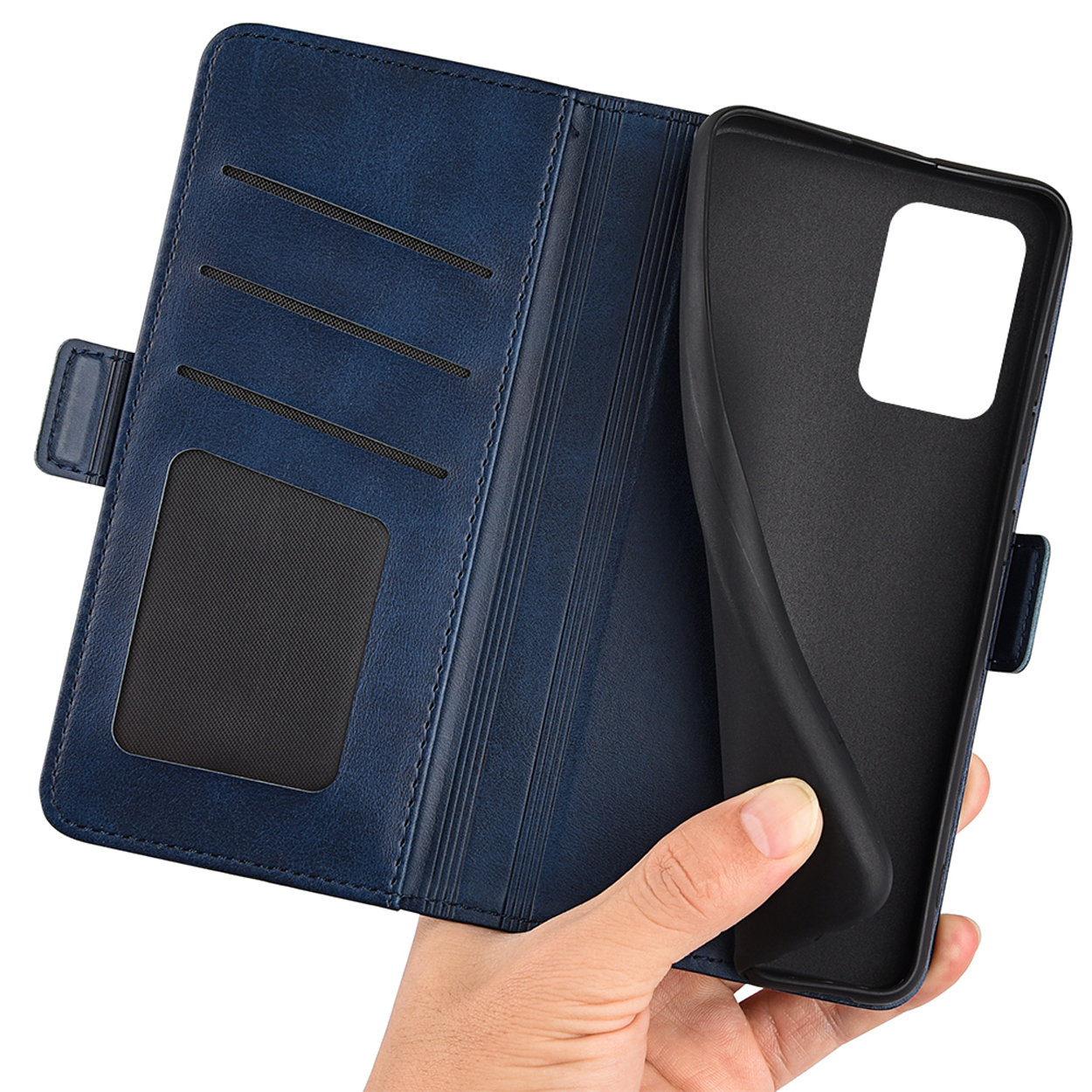 Étui de téléphone en cuir bleu ouvert, avec des fentes pour cartes et un étui noir à l'intérieur.