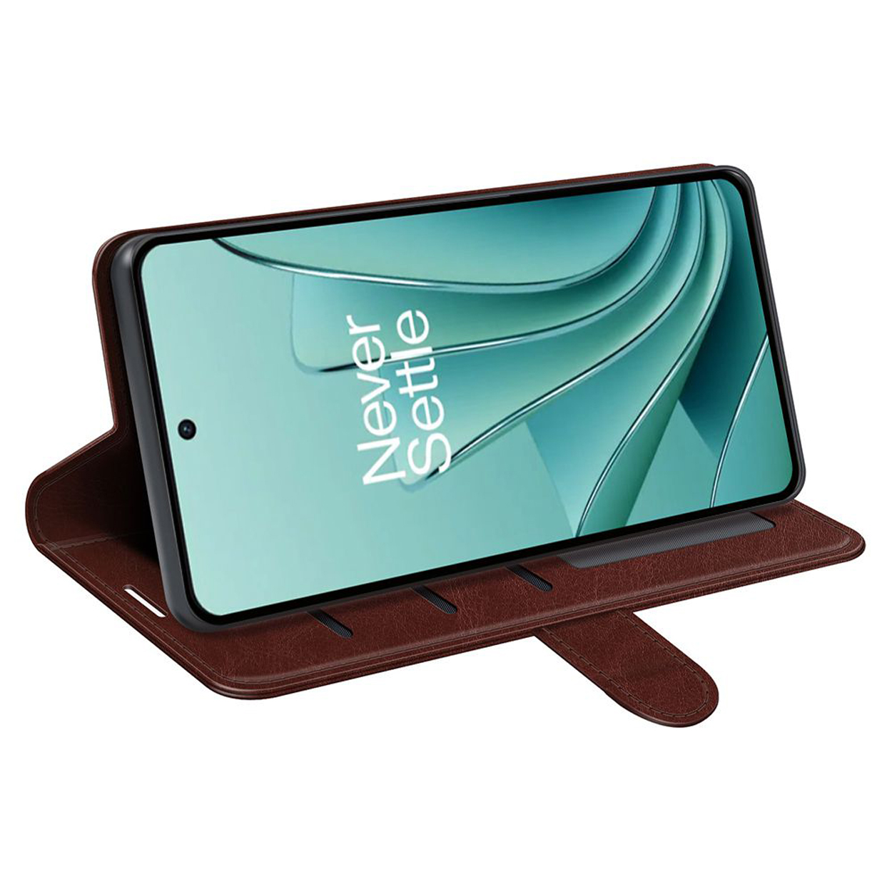 Bruine telefoonportemonnee met groen scherm. De hoes is open en ondersteunt de telefoon.