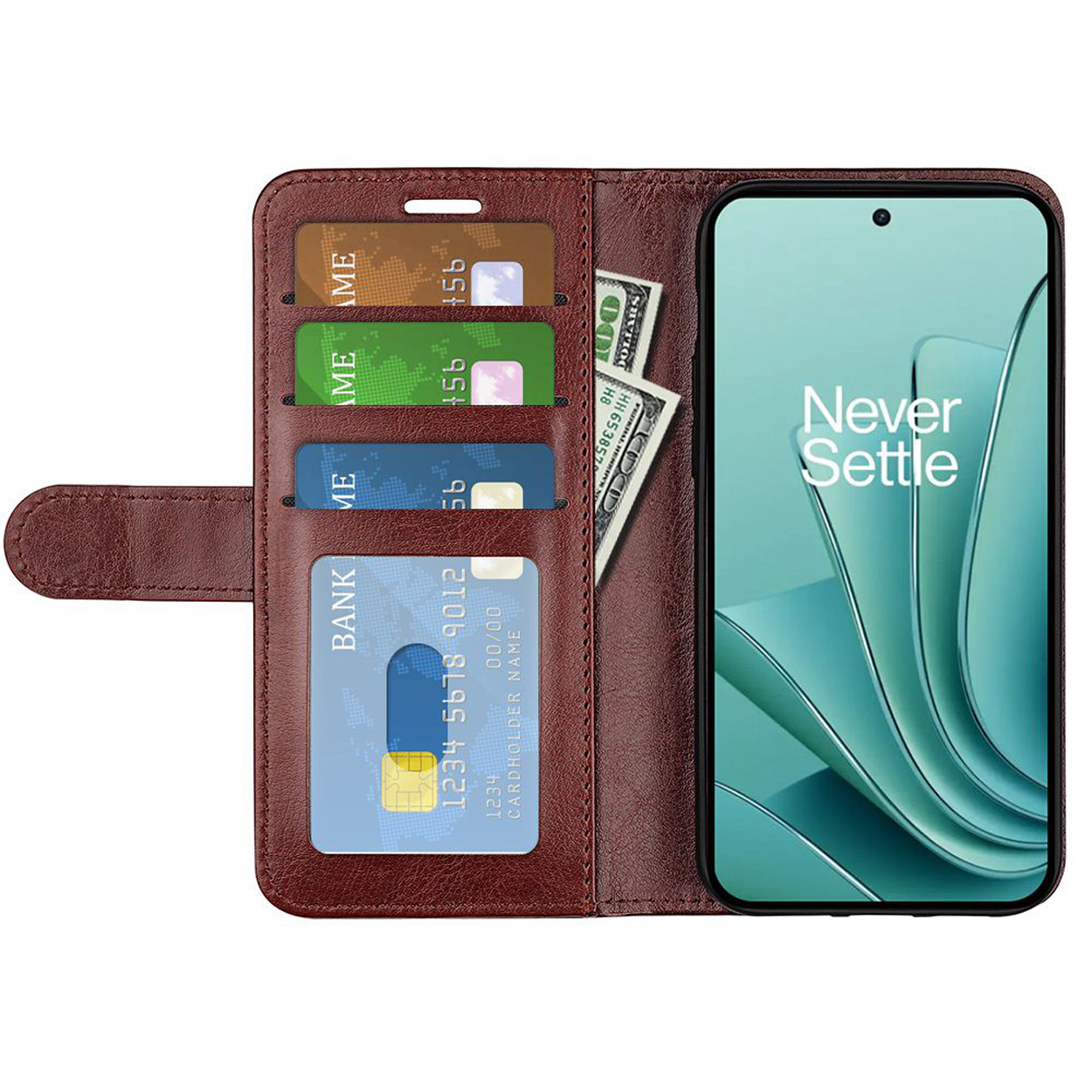 Bruine telefoonhoes open, met kaarten, contant geld en telefoonscherm.