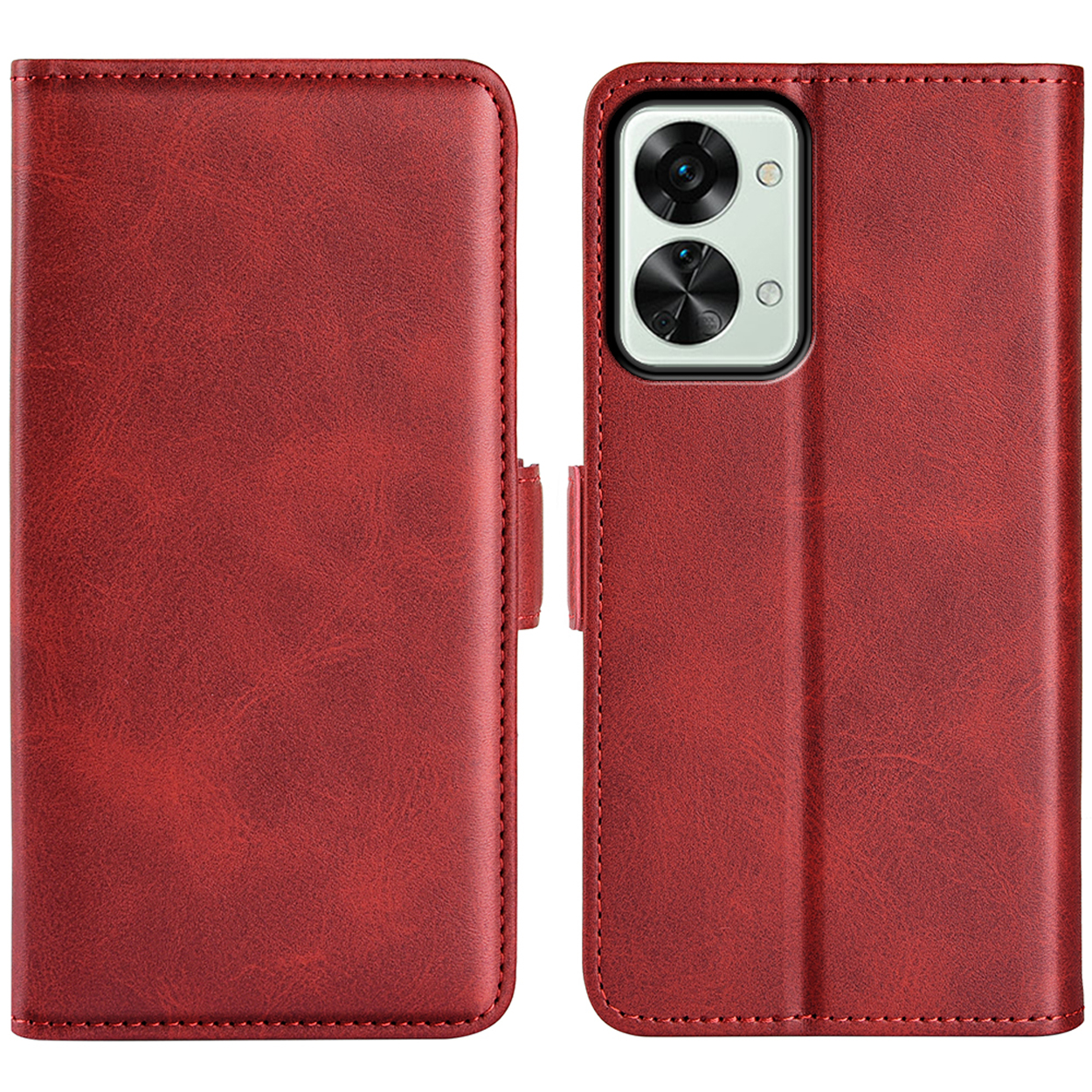 Étui de téléphone rouge ouvert. Téléphone avec caméras. Fond blanc.