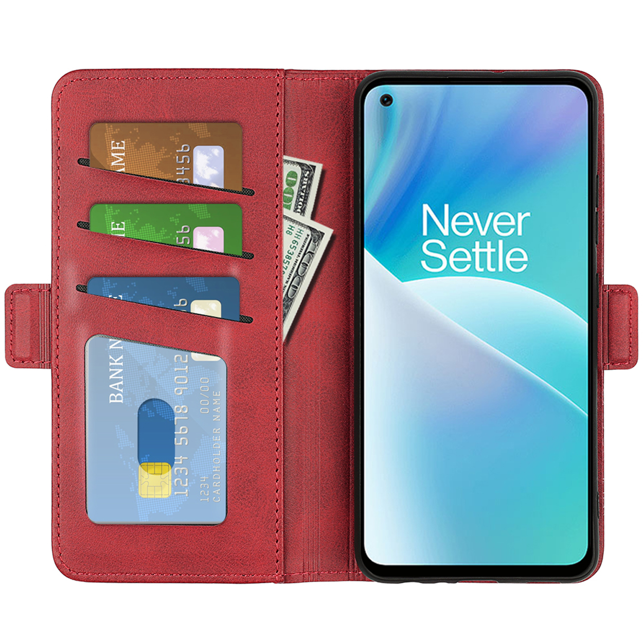 Étui de téléphone rouge ouvert avec cartes et argent liquide visibles. L'écran du téléphone affiche un paysage, texte 'Never Settle'.