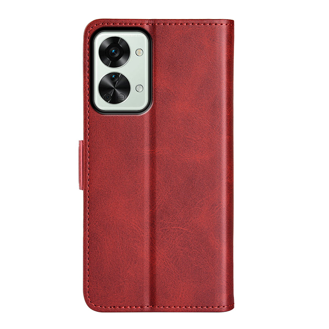 Étui de téléphone en cuir rouge avec caméra et flash visibles. L'étui est fermé et en position verticale.