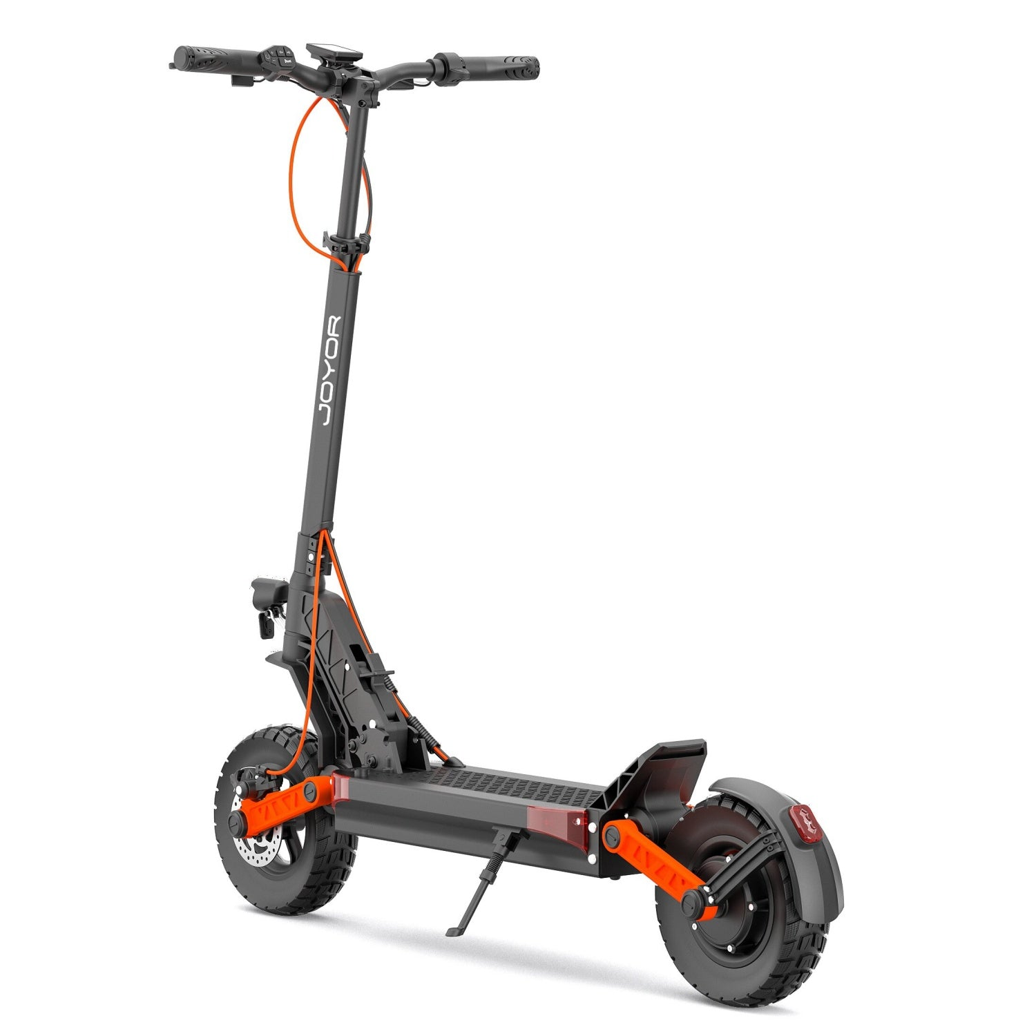 Schwarzer und orangener Elektroroller auf weißem Hintergrund, mit dem Markennamen 'JOYOR'.