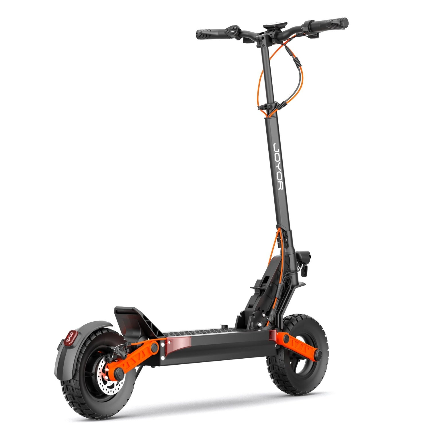 Schwarz-orangener Elektroroller. Er hat einen schwarzen Lenker und orangefarbene Akzente.