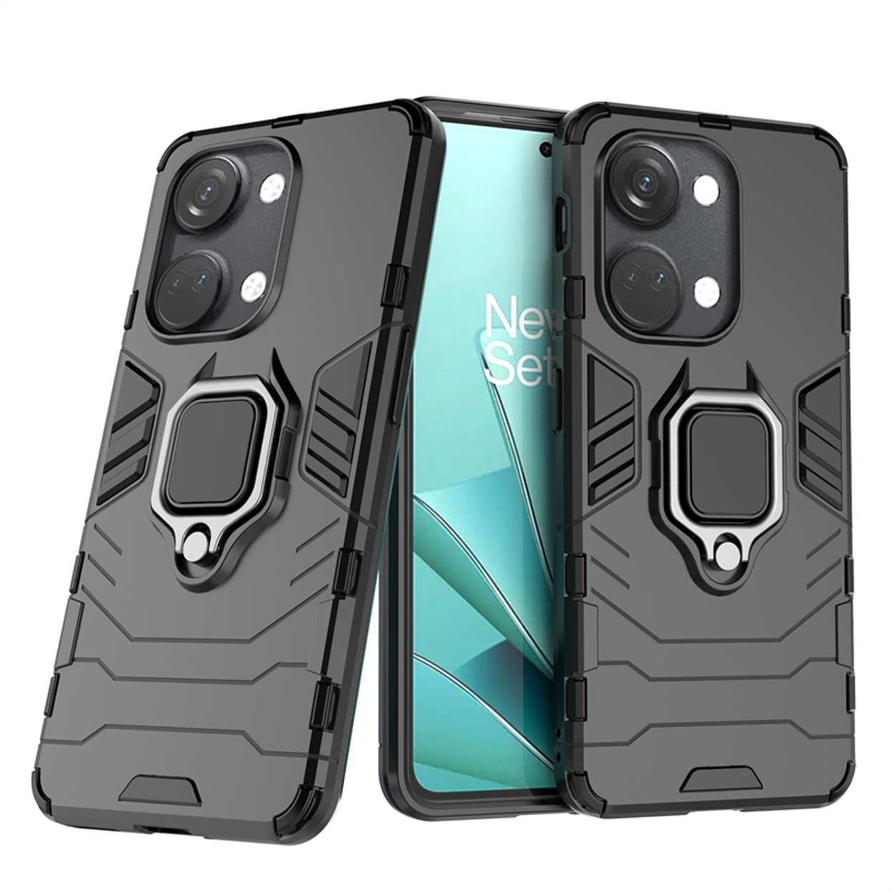 Twee grijze telefoonhoesjes met standaard en ringhouder. Eén hoesje bevat een telefoon met groen scherm.
