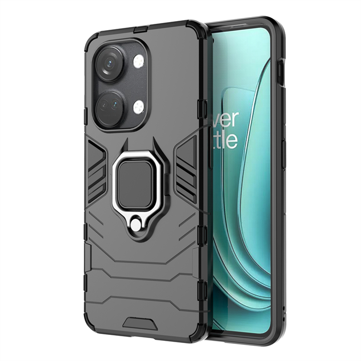 Grijze telefoonhoes met een ringhouder. Telefoon zit in de hoes.