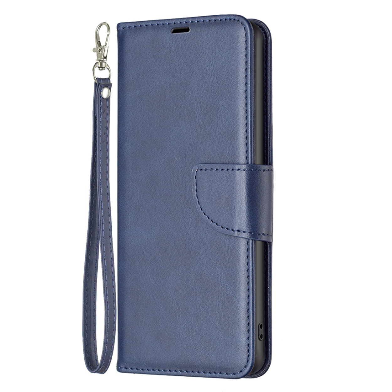 Étui de téléphone bleu avec une sangle. Fermé, il a un fermoir. Le fond est blanc.