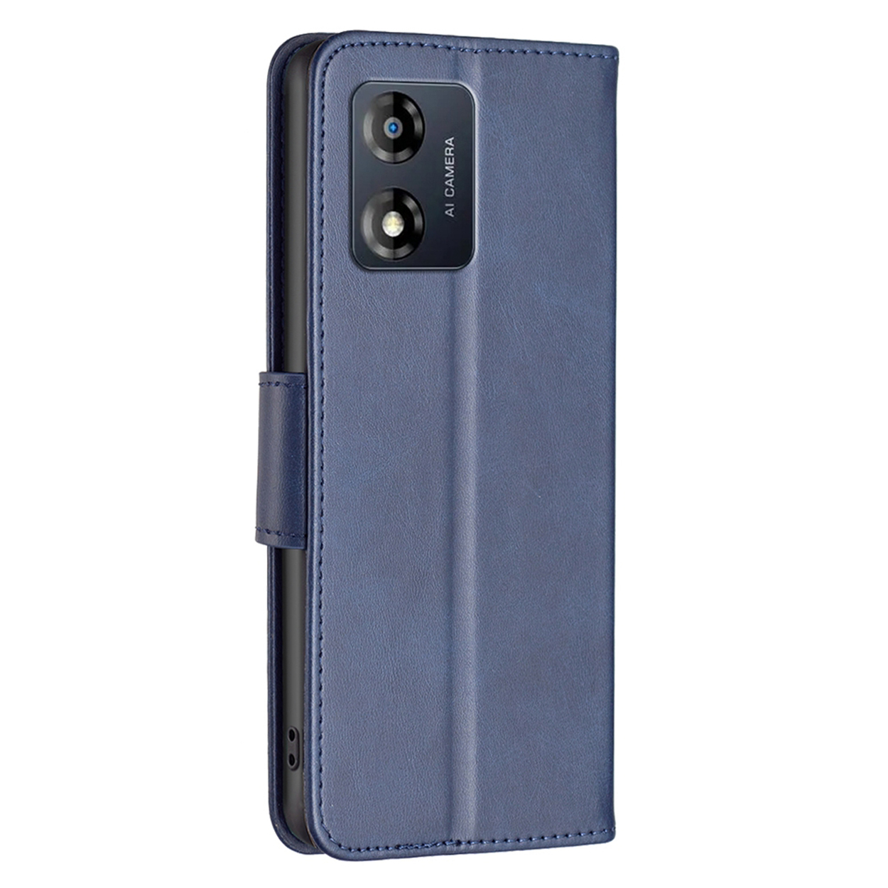 Coque de téléphone bleue, ouverte, montrant un téléphone avec deux caméras. La coque a un fermoir.