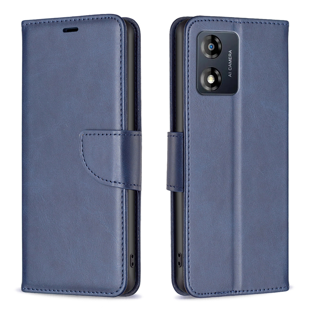 Étui de téléphone bleu fermé, montré de face et de dos. Avec fermoir et découpe pour la caméra.