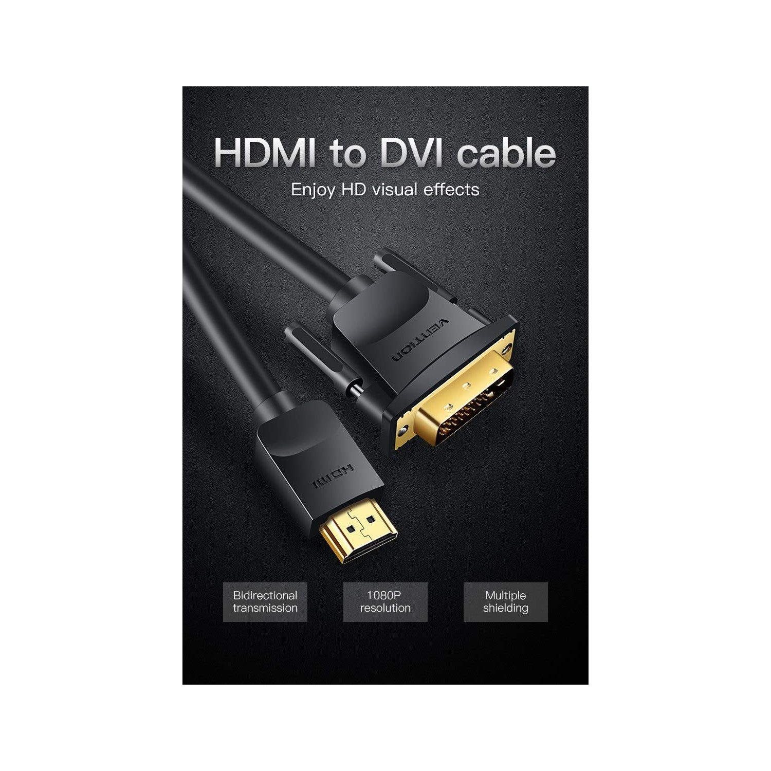 Zwarte HDMI naar DVI kabel. De kabel heeft twee uiteinden; één HDMI en één DVI. Zwarte achtergrond.