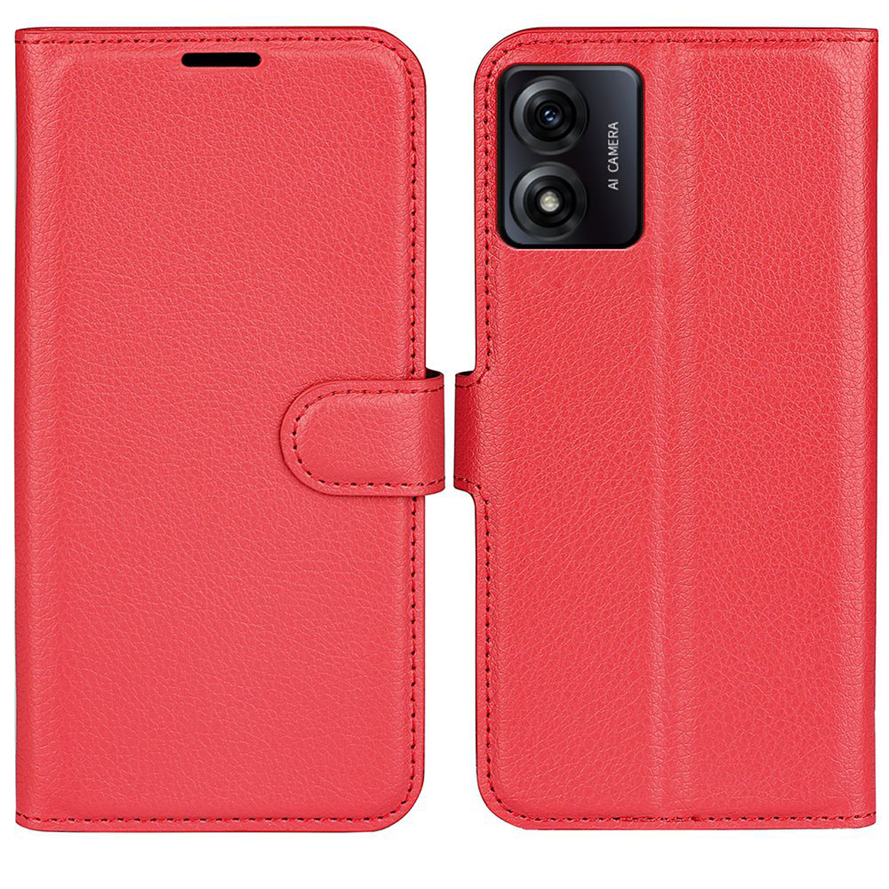 Un étui de téléphone rouge, ouvert, avec une caméra IA. L'étui a une fermeture à bouton.