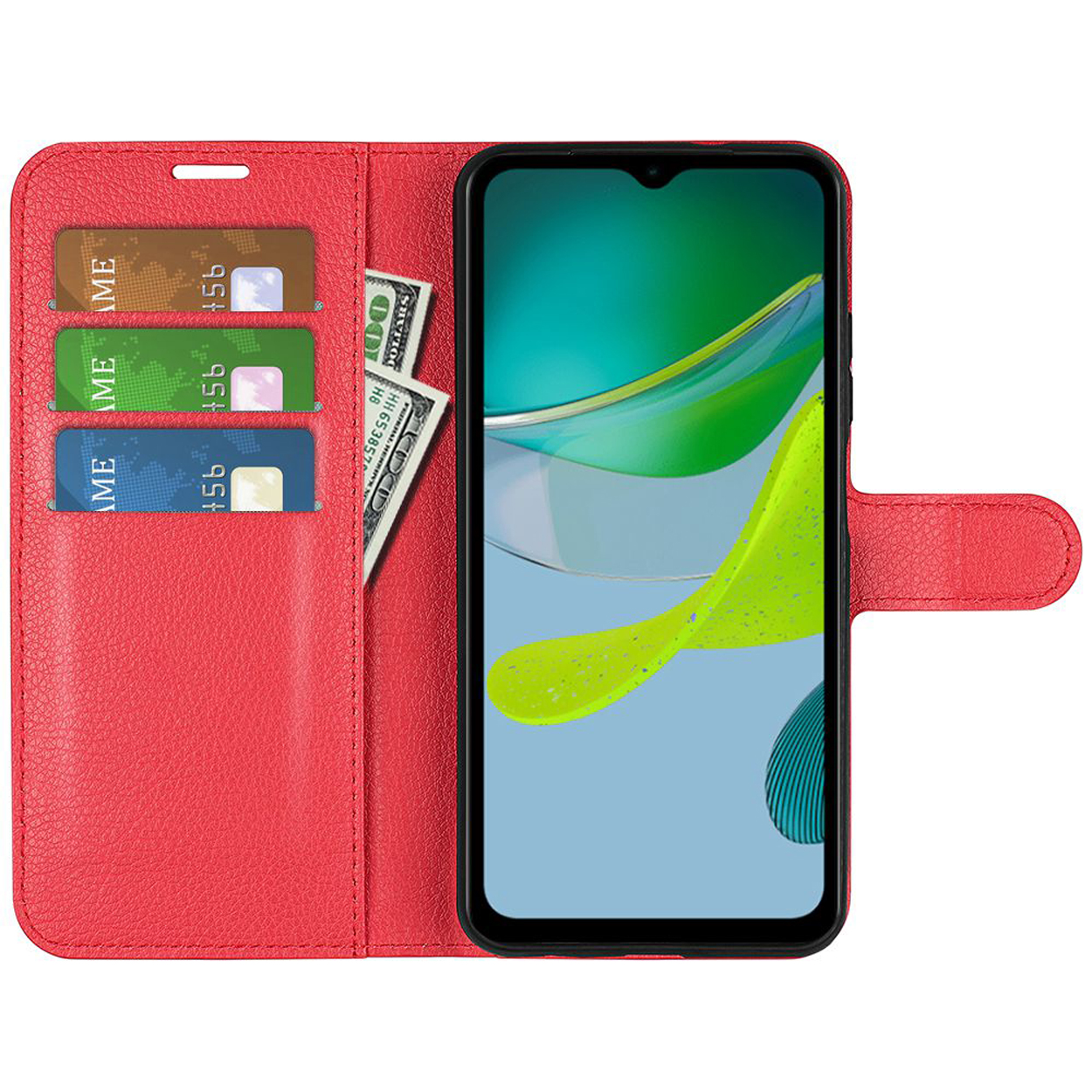 Étui de téléphone rouge ouvert avec cartes et argent. Écran avec formes vertes et jaunes.