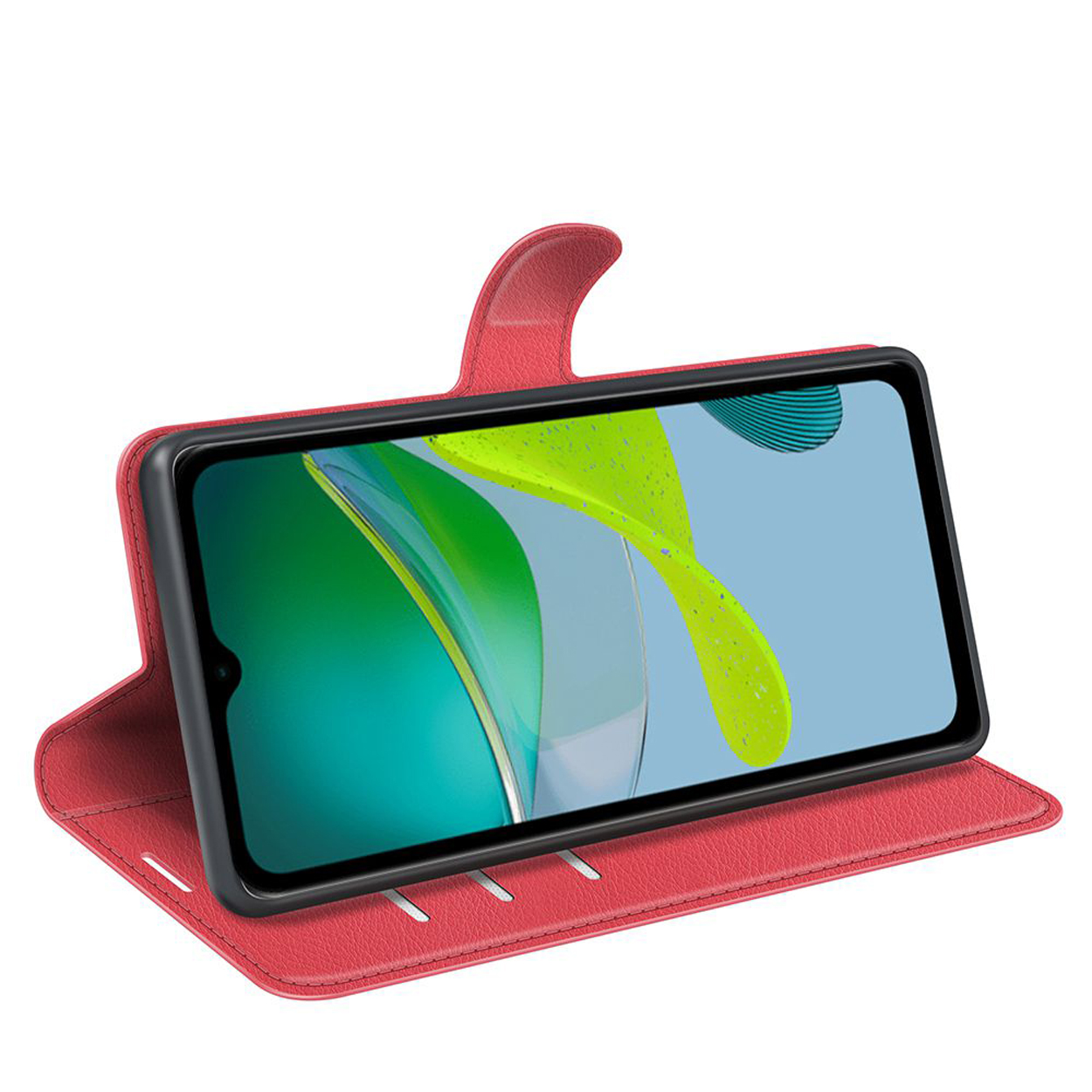 Un étui de téléphone rouge avec un téléphone à l'intérieur montrant une image abstraite verte et bleue.