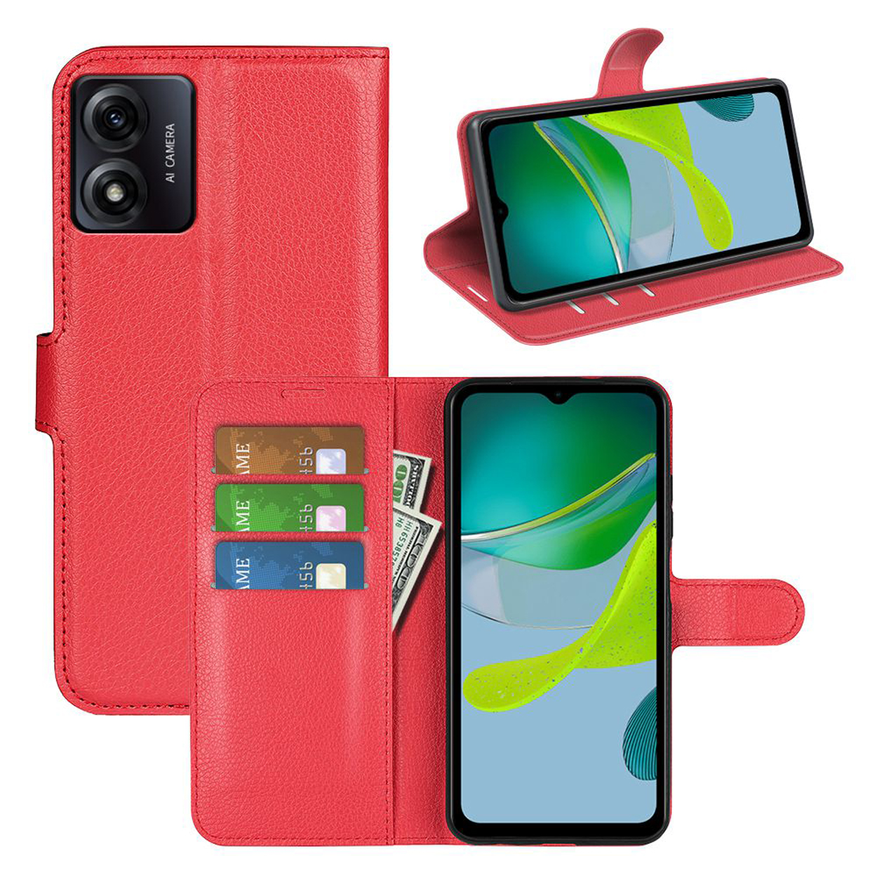 Étui portefeuille de téléphone rouge ouvert. Le téléphone dans l'étui montre un motif vert. Cartes de crédit, espèces sont visibles.