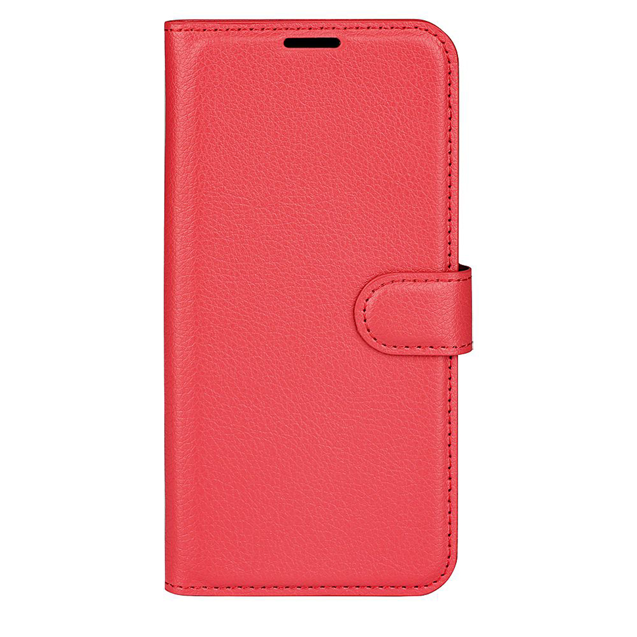Étui de téléphone rouge, fermé. Fond blanc. Il a un fermoir.