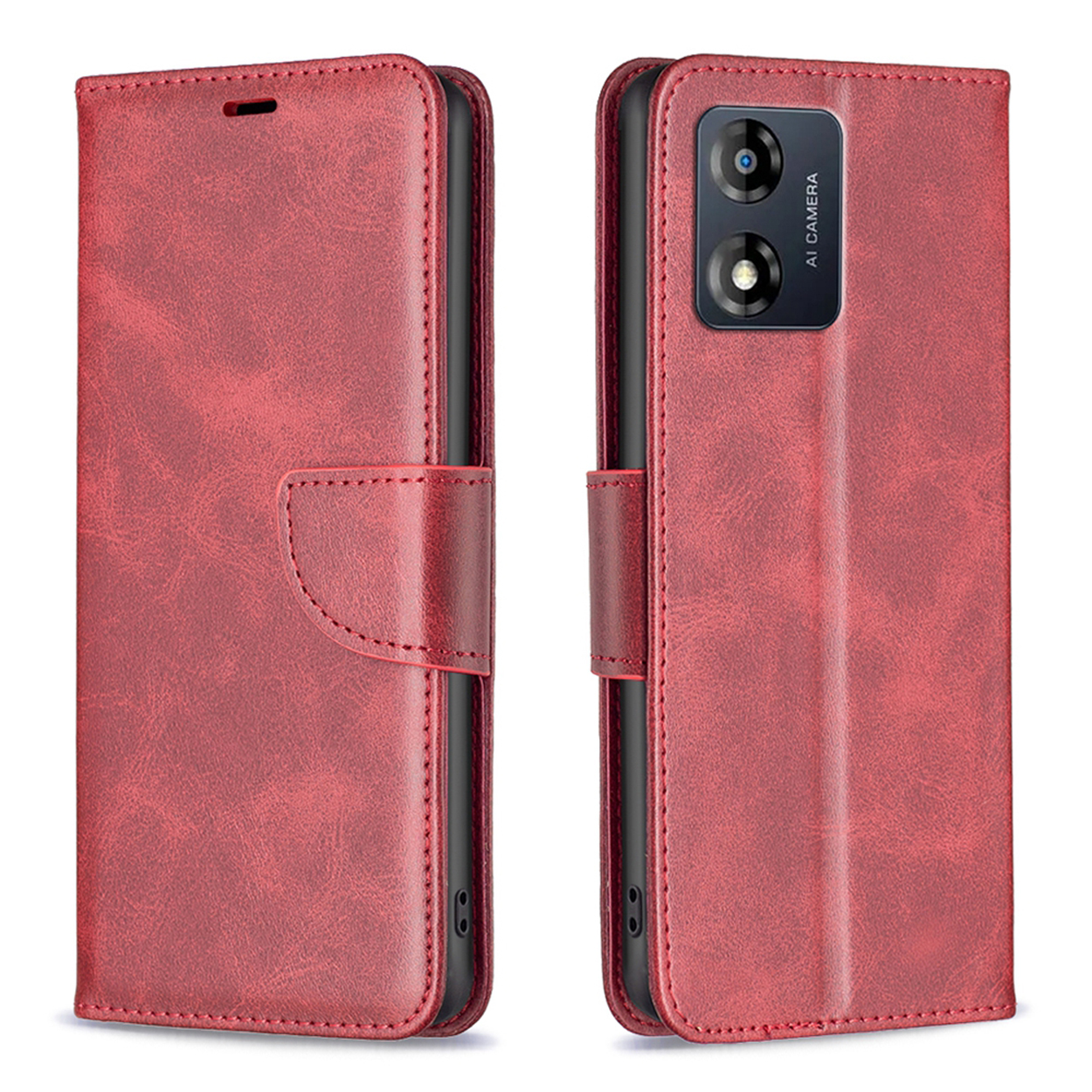 Rode leren telefoonhoes, open en dicht. De open hoes toont de telefoon en camera.