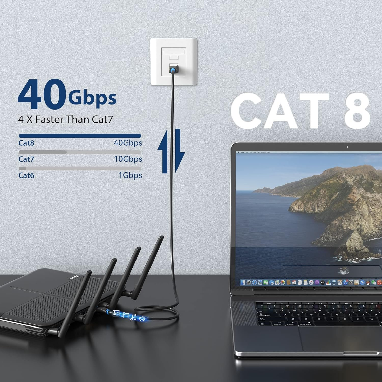 Un ordinateur portable connecté à un câble Cat 8 et un adaptateur noir. Le texte indique la comparaison de vitesse.