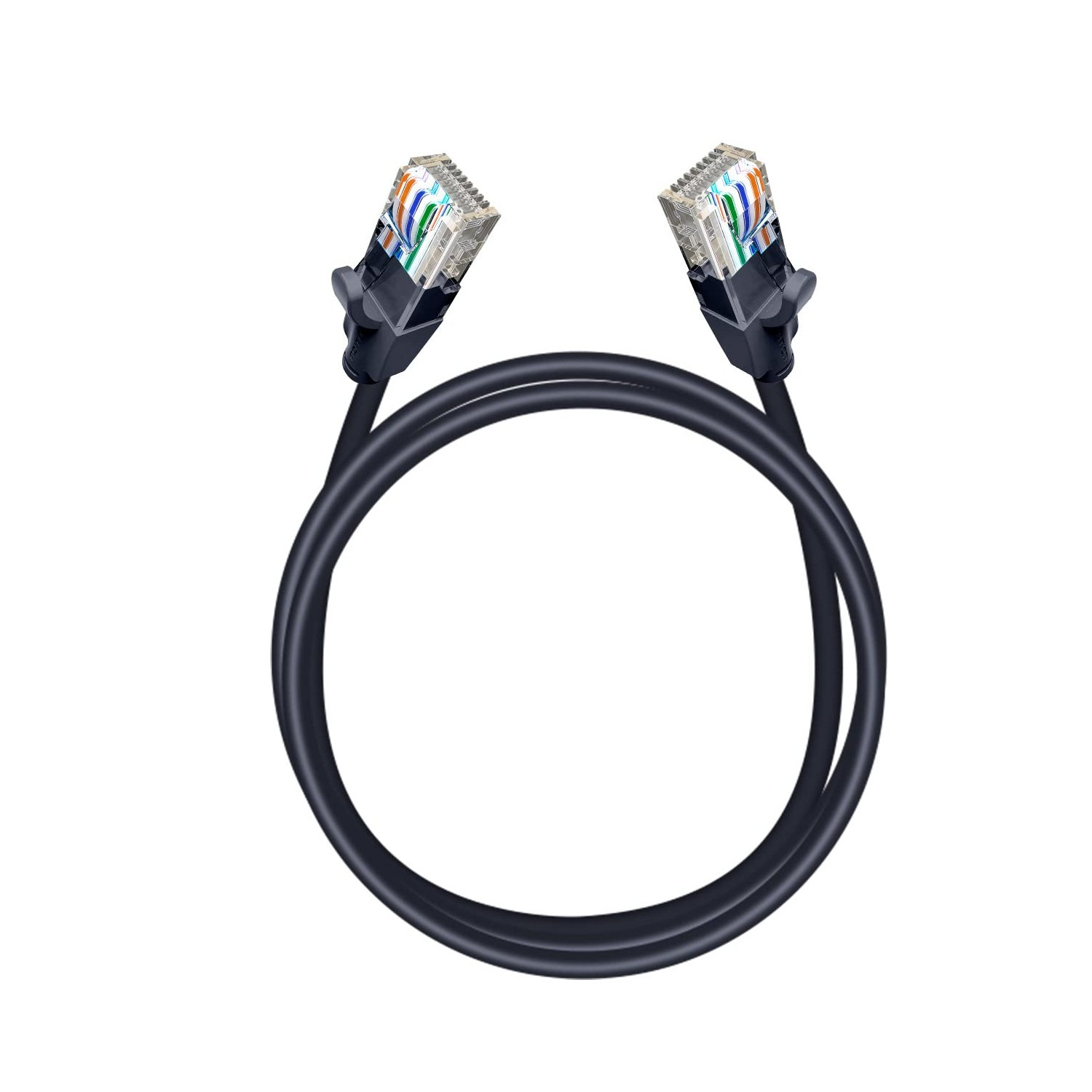 Cavo Ethernet nero con due connettori RJ45 trasparenti. Il cavo ha la forma di un anello.