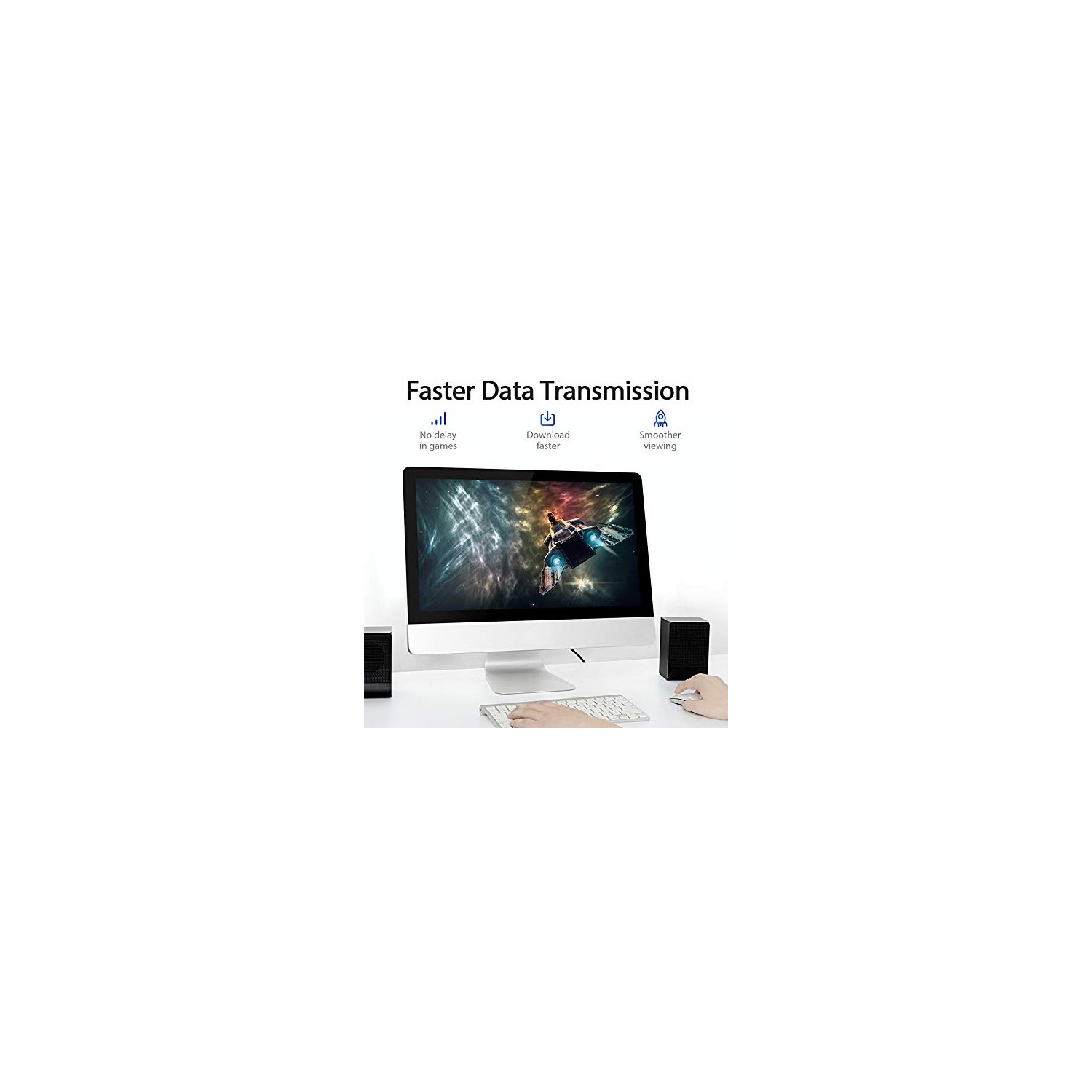 Configurazione computer con monitor, altoparlanti, tastiera e mouse. Testo: Trasmissione dati più veloce.