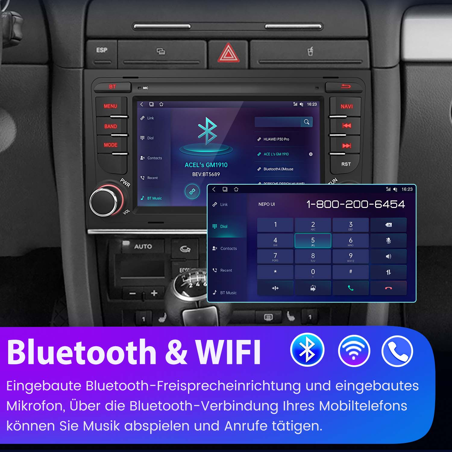 System multimedialny do samochodu na desce rozdzielczej. Ikony Bluetooth i WIFI z tekstem. Wnętrze auta.