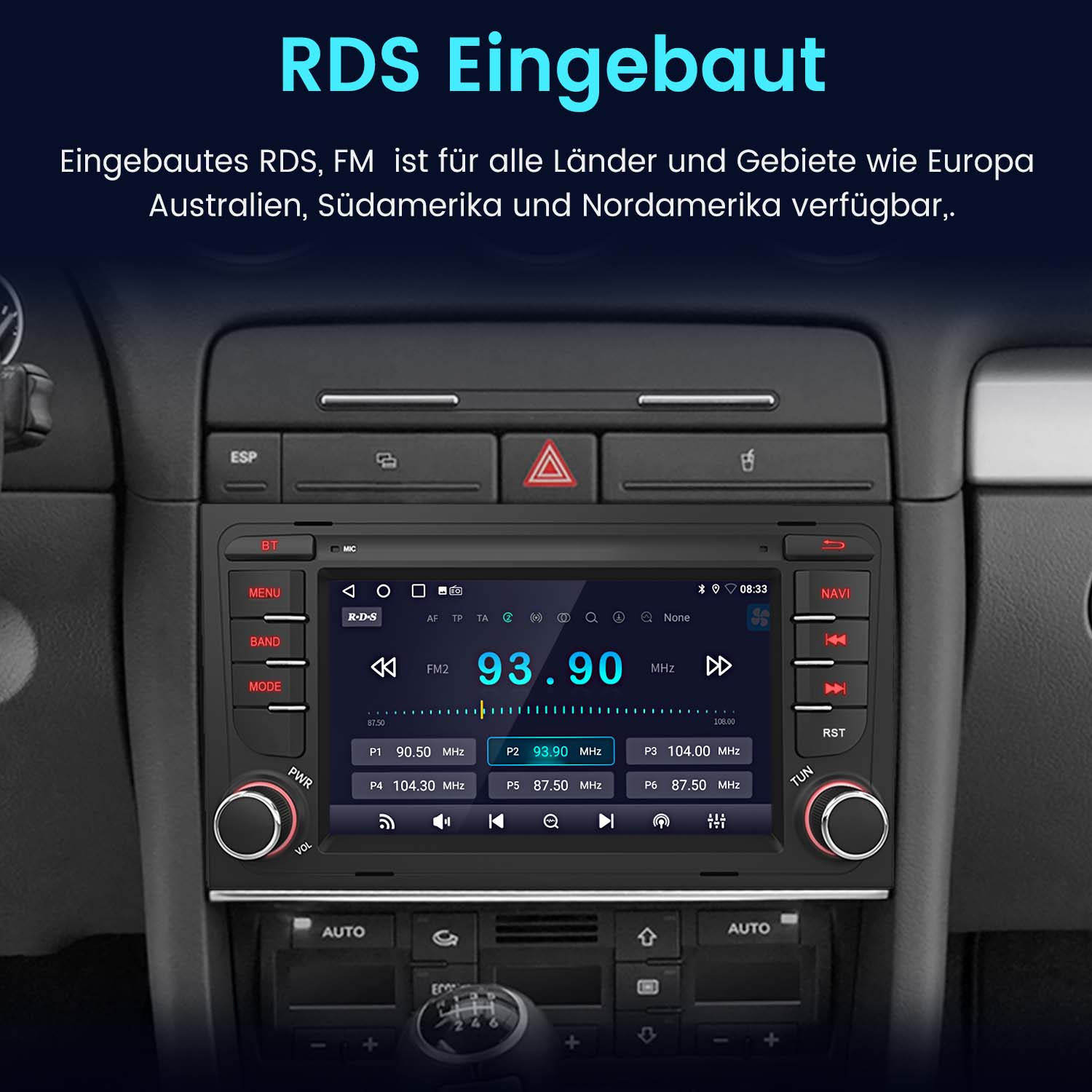 Radio samochodowe. Wyświetlacz pokazuje częstotliwość radiową 93.90 i informacje RDS. Wnętrze samochodu.