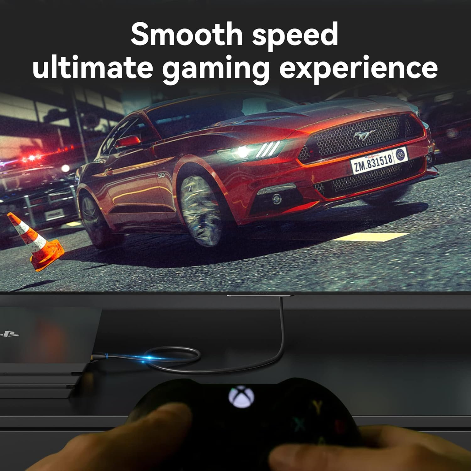 Scena z gry na telewizorze. Kontroler jest w rękach. Samochód jest na ekranie.